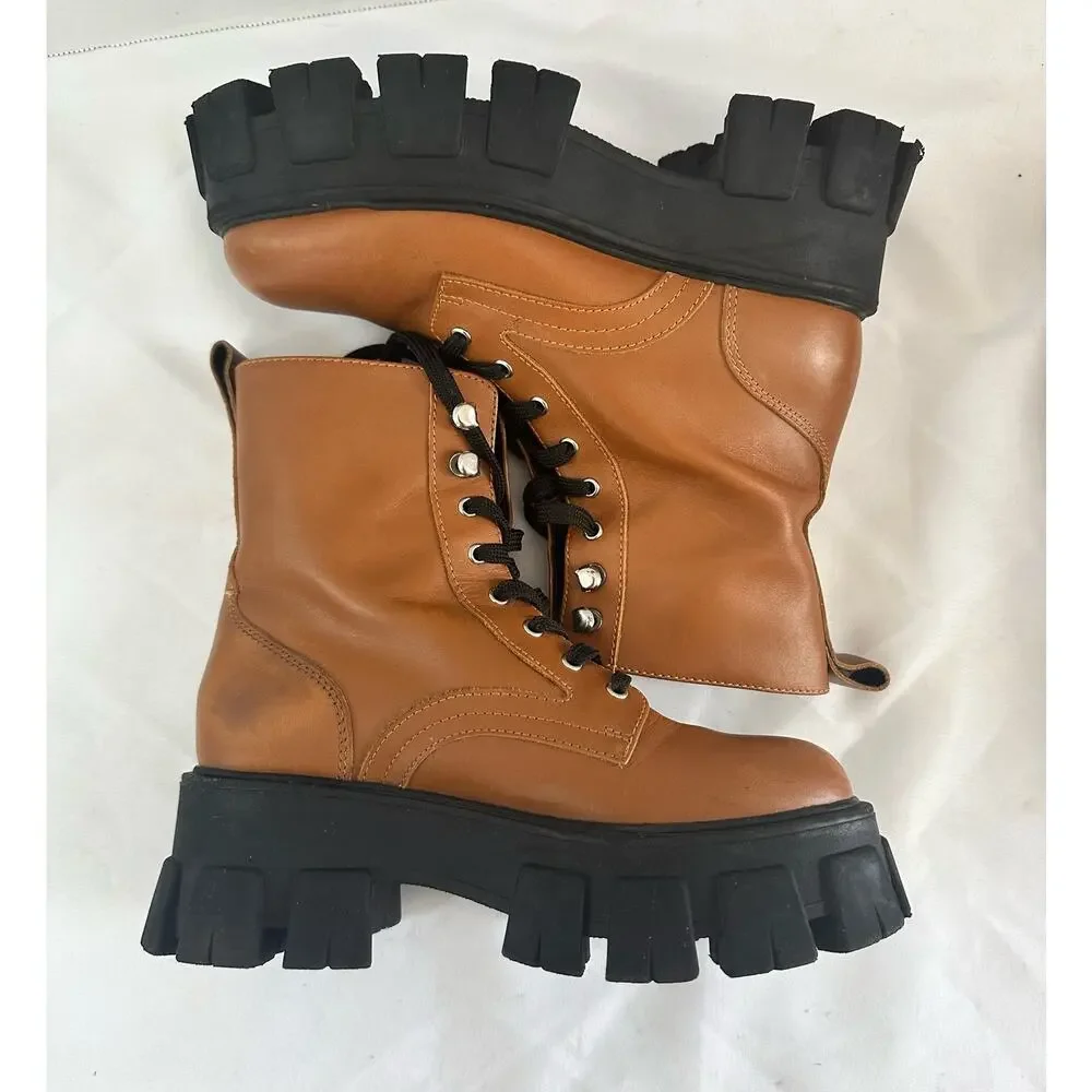 Marc Fisher LTD Happy Leather Boots Lace up Combat Tan Size 5.5 - Picture 6 of 11